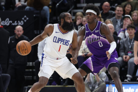 Dec 8, 2023; Salt Lake City, Utah, USA; Los Angeles Clippers guard James Harden (1) moves the ball against Utah Jazz forward Taylor Hendricks (0) during the second quarter at Delta Center.