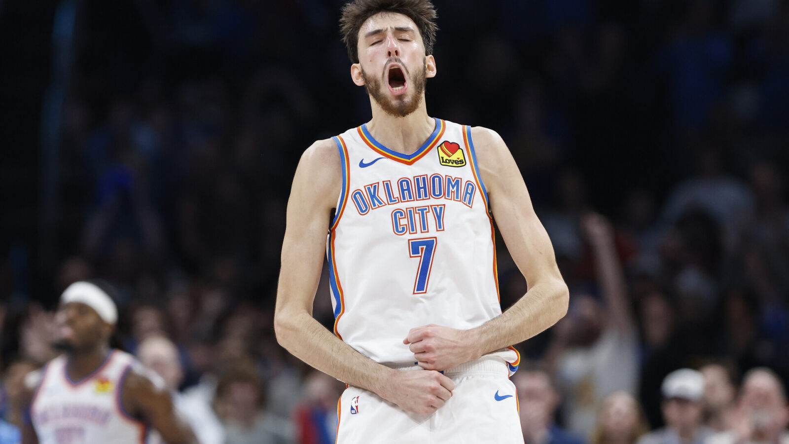 Dec 8, 2023; Oklahoma City, Oklahoma, USA; Oklahoma City Thunder forward Chet Holmgren (7) celebrates after a basket against the Golden State Warriors during the second half at Paycom Center.