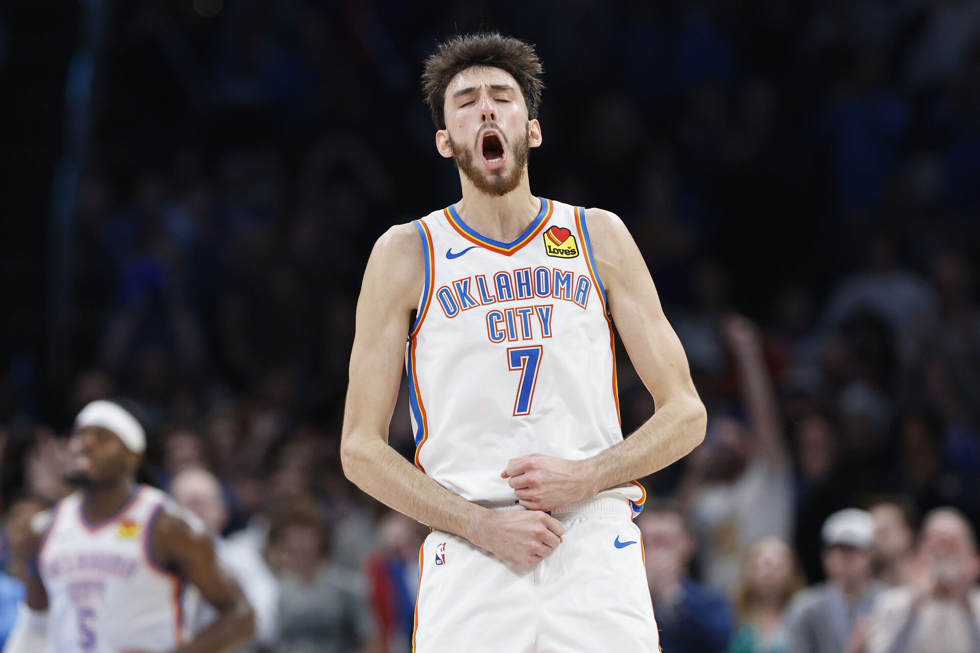 Dec 8, 2023; Oklahoma City, Oklahoma, USA; Oklahoma City Thunder forward Chet Holmgren (7) celebrates after a basket against the Golden State Warriors during the second half at Paycom Center.