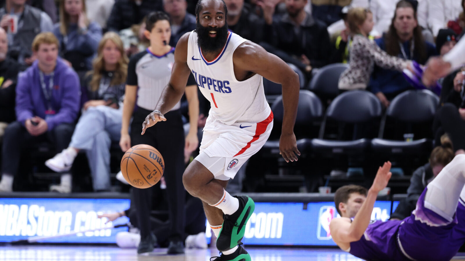 Dec 8, 2023; Salt Lake City, Utah, USA; Los Angeles Clippers guard James Harden (1) brings the ball up the court against the Utah Jazz during the third quarter at Delta Center.