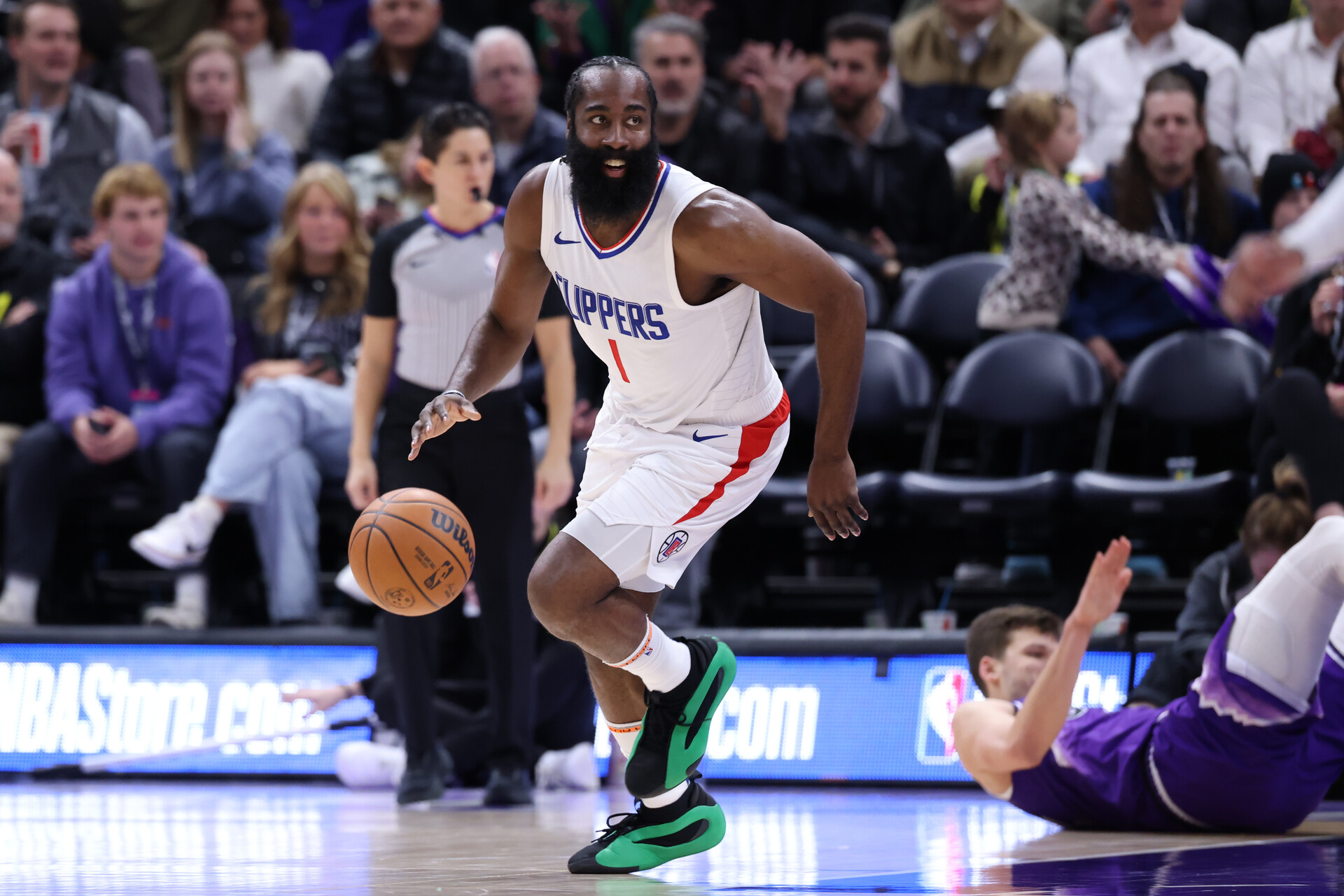 Dec 8, 2023; Salt Lake City, Utah, USA; Los Angeles Clippers guard James Harden (1) brings the ball up the court against the Utah Jazz during the third quarter at Delta Center.