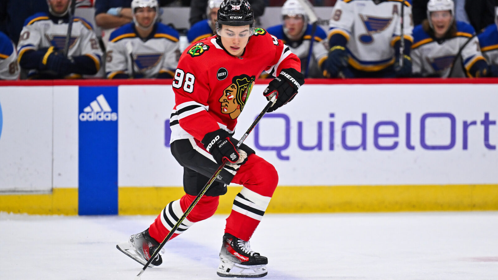 Dec 9, 2023; Chicago, Illinois, USA; Chicago Blackhawks forward Connor Bedard (98) skates the puck up the ice in the second period against the St. Louis Blues at United Center.
