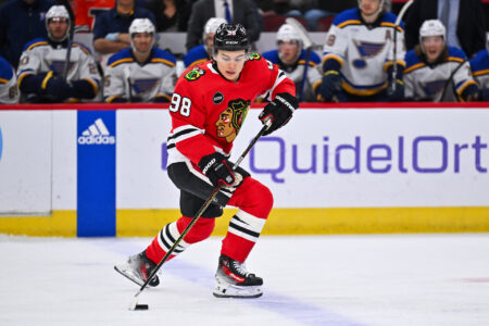 Dec 9, 2023; Chicago, Illinois, USA; Chicago Blackhawks forward Connor Bedard (98) skates the puck up the ice in the second period against the St. Louis Blues at United Center.