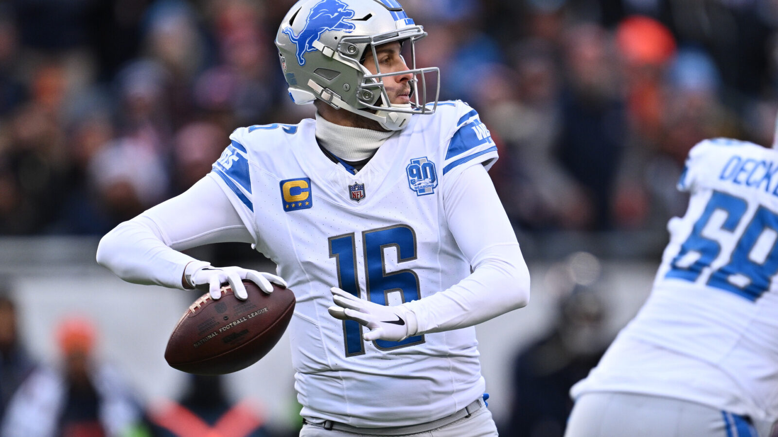 Dec 10, 2023; Chicago, Illinois, USA; Detroit Lions quarterback Jared Goff (16) passes in the first half against the Chicago Bears at Soldier Field.