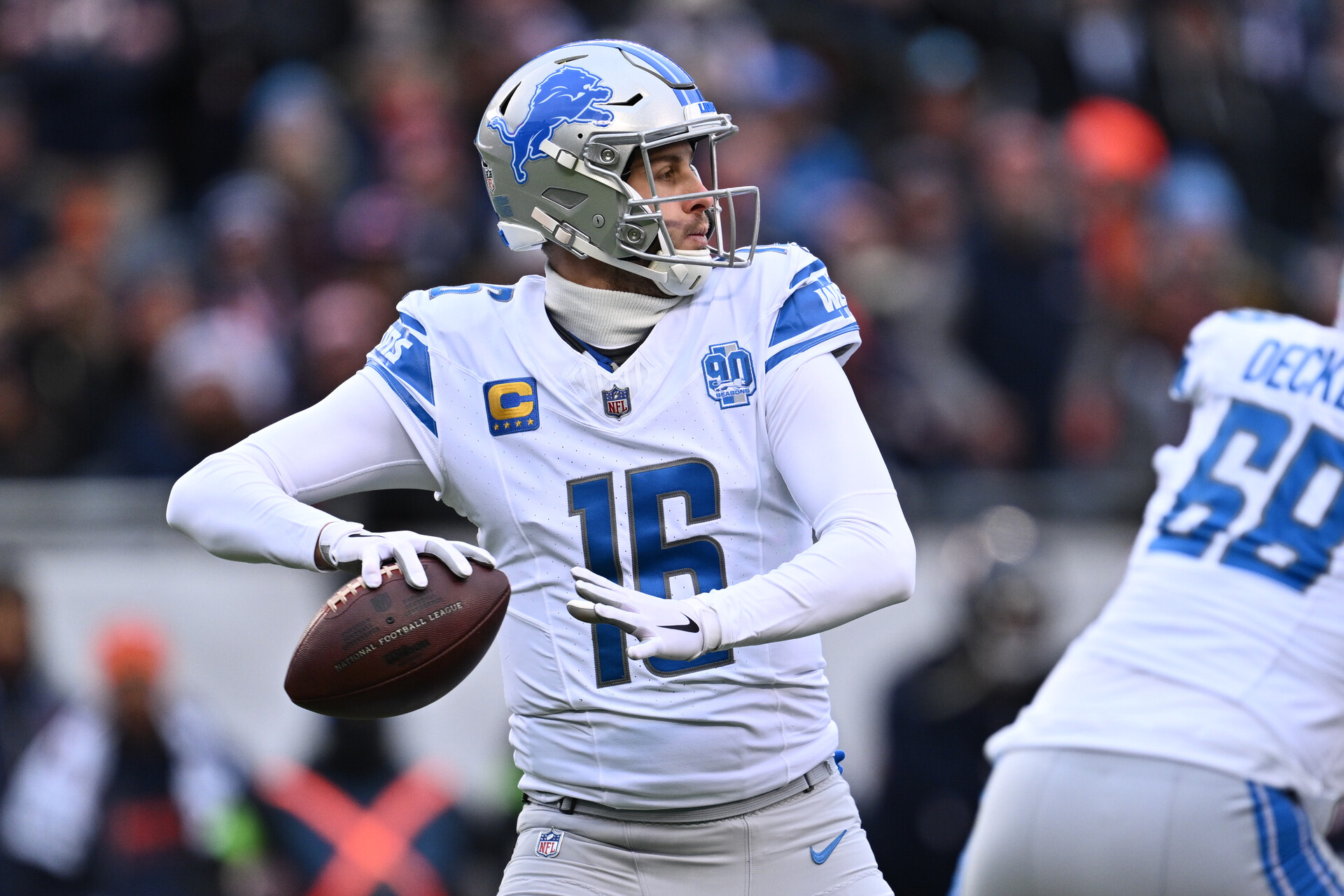 Dec 10, 2023; Chicago, Illinois, USA; Detroit Lions quarterback Jared Goff (16) passes in the first half against the Chicago Bears at Soldier Field.