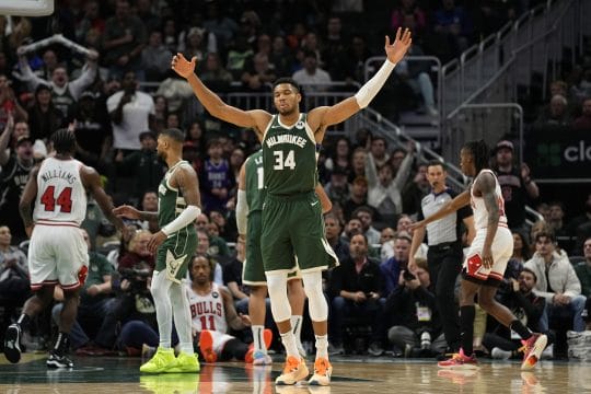 Dec 11, 2023; Milwaukee, Wisconsin, USA; Milwaukee Bucks forward Giannis Antetokounmpo (34) reacts to a call during overtime against the Chicago Bulls at Fiserv Forum.