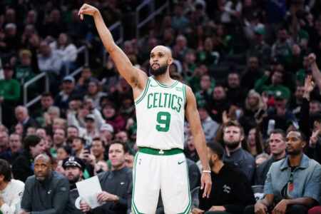 Dec 12, 2023; Boston, Massachusetts, USA; Boston Celtics guard Derrick White (9) reacts after his three point basket against the Cleveland Cavaliers in the second half at TD Garden.
