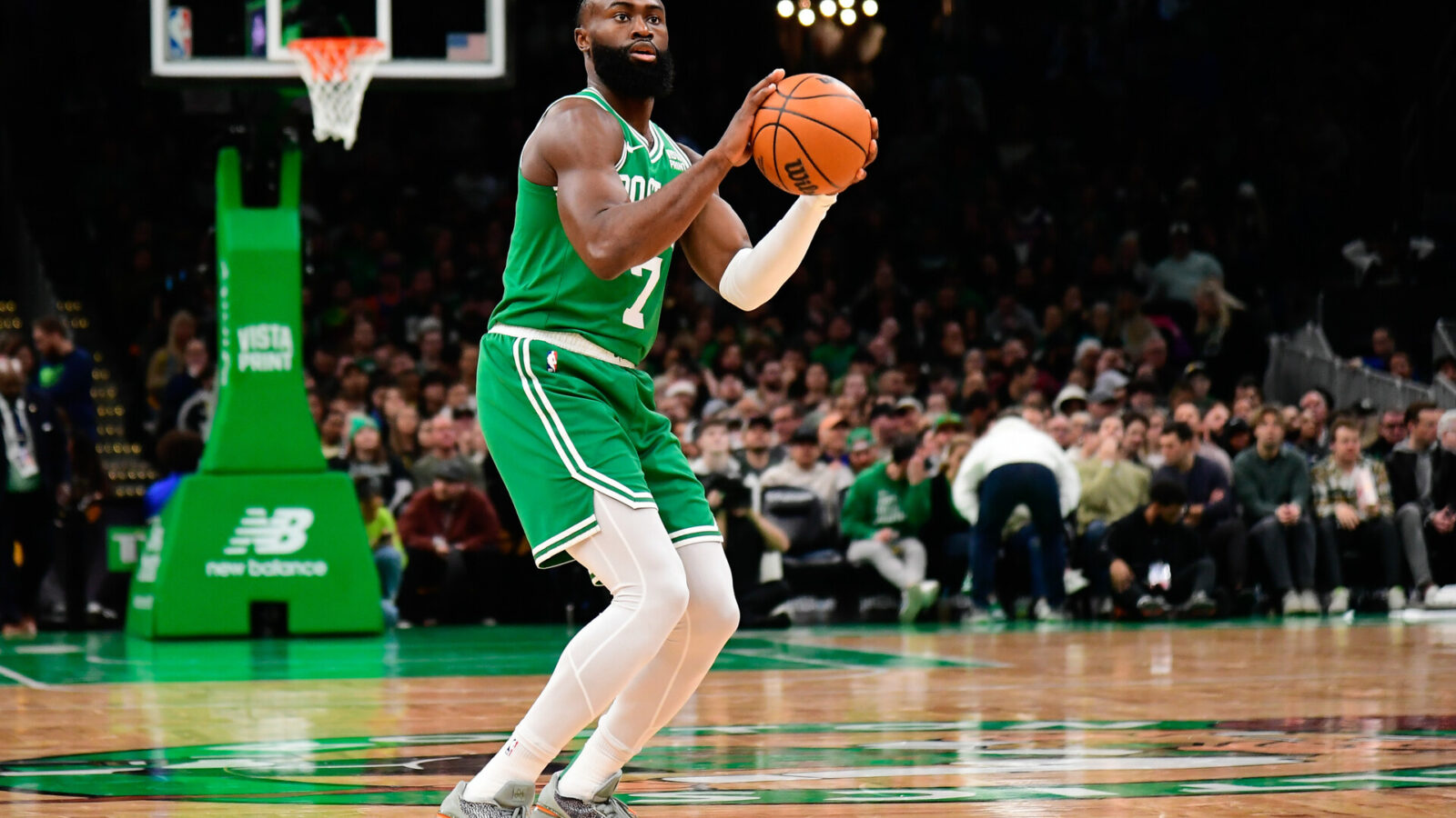 Dec 8, 2023; Boston, Massachusetts, USA; Boston Celtics guard Jaylen Brown (7) shoots the ball during the first half against the New York Knicks at TD Garden.