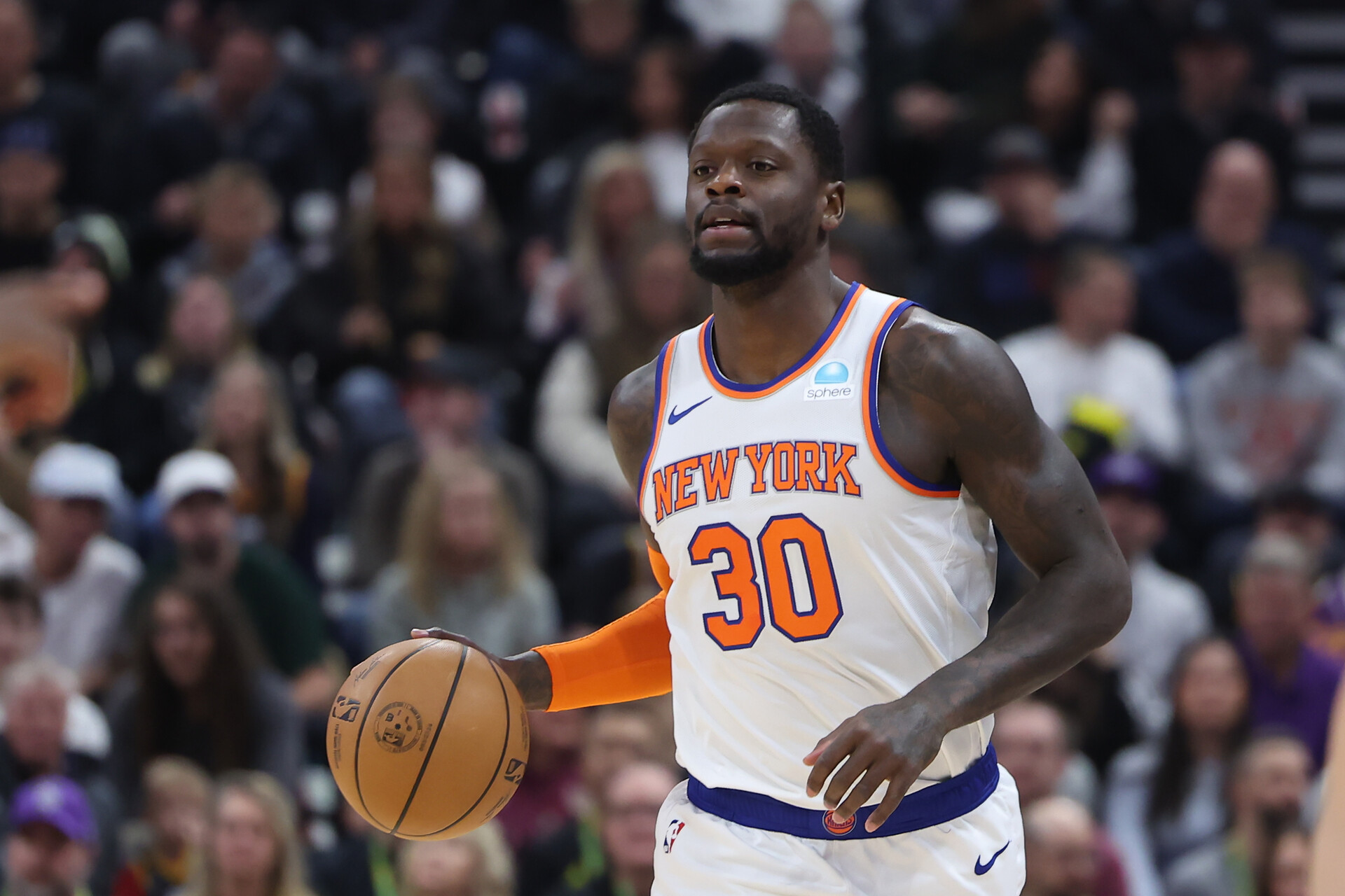 Dec 13, 2023; Salt Lake City, Utah, USA; New York Knicks forward Julius Randle (30) brings the ball up the court against the Utah Jazz during the first quarter at Delta Center.