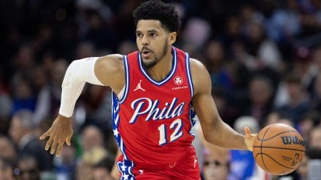 Dec 15, 2023; Philadelphia, Pennsylvania, USA; Philadelphia 76ers forward Tobias Harris (12) dribbles up court against the Detroit Pistons during the first quarter at Wells Fargo Center.