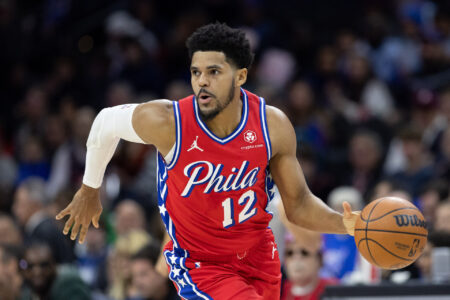 Dec 15, 2023; Philadelphia, Pennsylvania, USA; Philadelphia 76ers forward Tobias Harris (12) dribbles up court against the Detroit Pistons during the first quarter at Wells Fargo Center.
