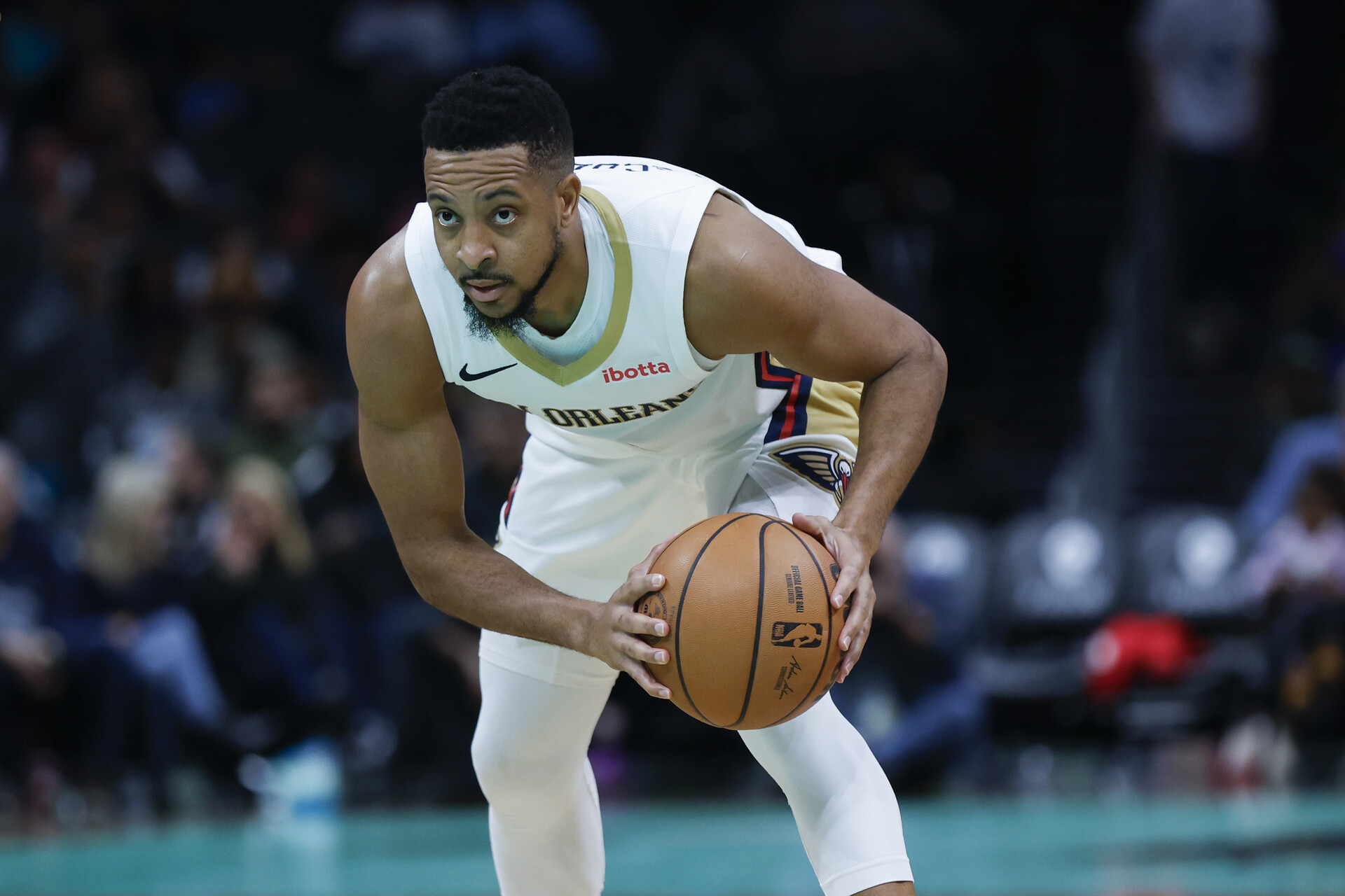 Dec 15, 2023; Charlotte, North Carolina, USA; New Orleans Pelicans guard CJ McCollum (3) runs the offense against the Charlotte Hornets during the second half at Spectrum Center. The Pelicans won 112-107.