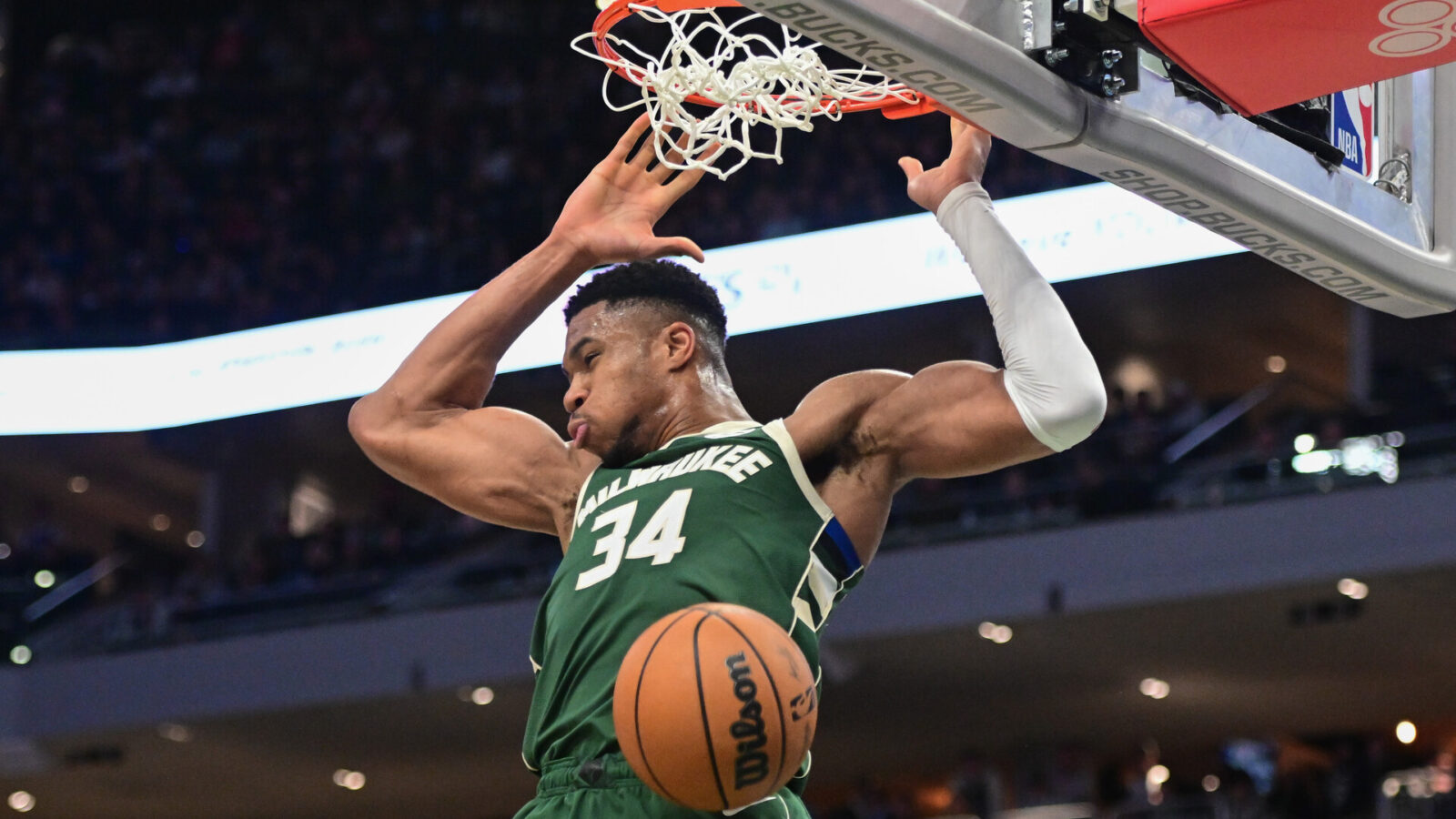 Dec 16, 2023; Milwaukee, Wisconsin, USA; Milwaukee Bucks forward Giannis Antetokounmpo (34) dunks a basket in the third quarter against the Detroit Pistons at Fiserv Forum.