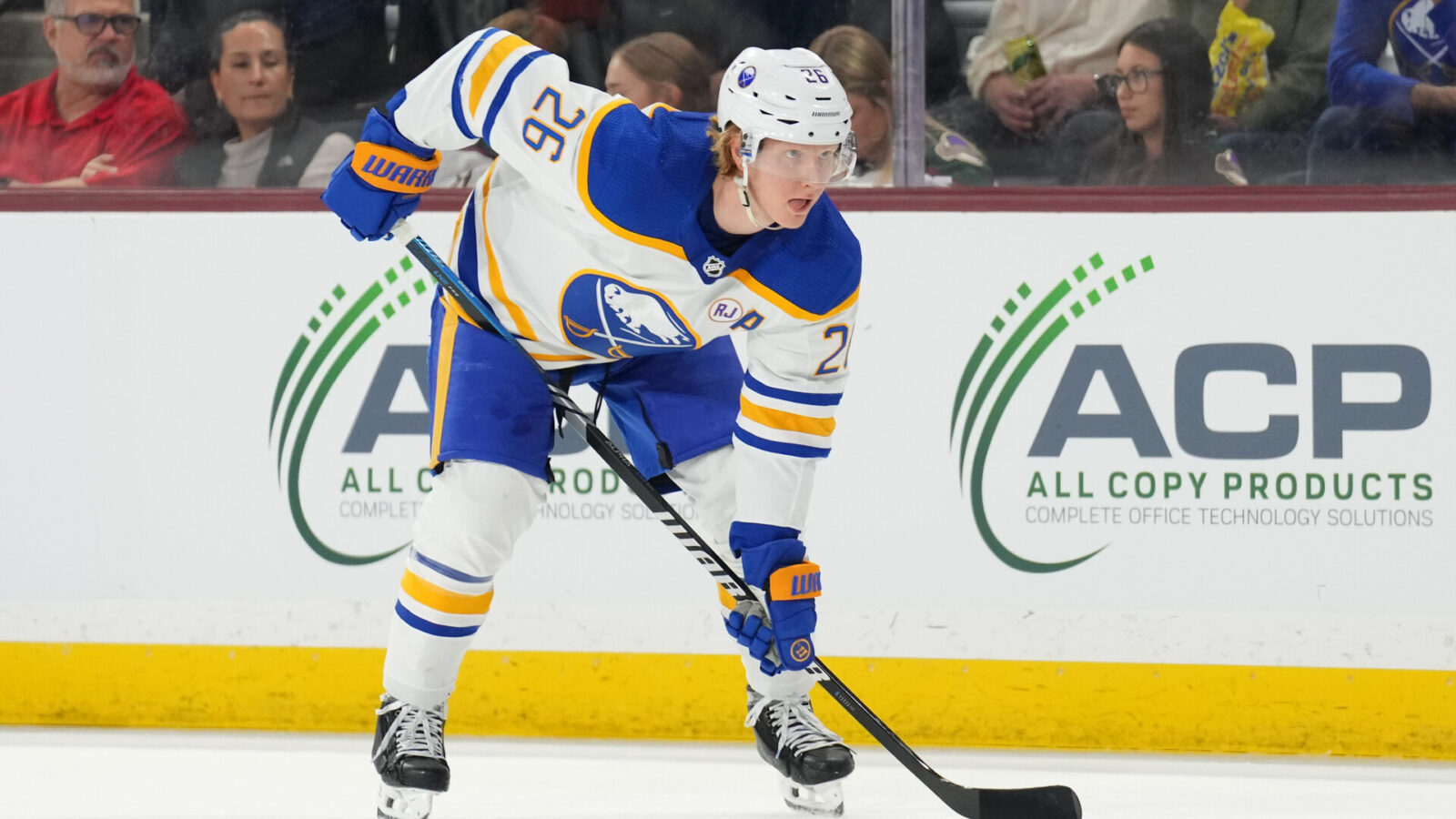 Dec 16, 2023; Tempe, Arizona, USA; Buffalo Sabres defenseman Rasmus Dahlin (26) lines up against the Arizona Coyotes during the first period at Mullett Arena.