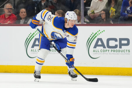 Dec 16, 2023; Tempe, Arizona, USA; Buffalo Sabres defenseman Rasmus Dahlin (26) lines up against the Arizona Coyotes during the first period at Mullett Arena.