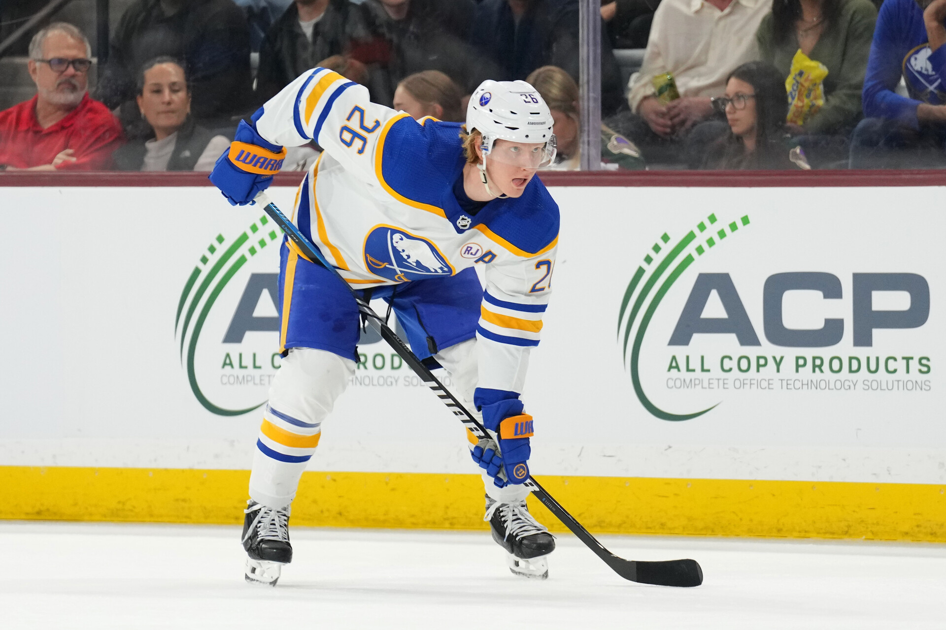Dec 16, 2023; Tempe, Arizona, USA; Buffalo Sabres defenseman Rasmus Dahlin (26) lines up against the Arizona Coyotes during the first period at Mullett Arena.