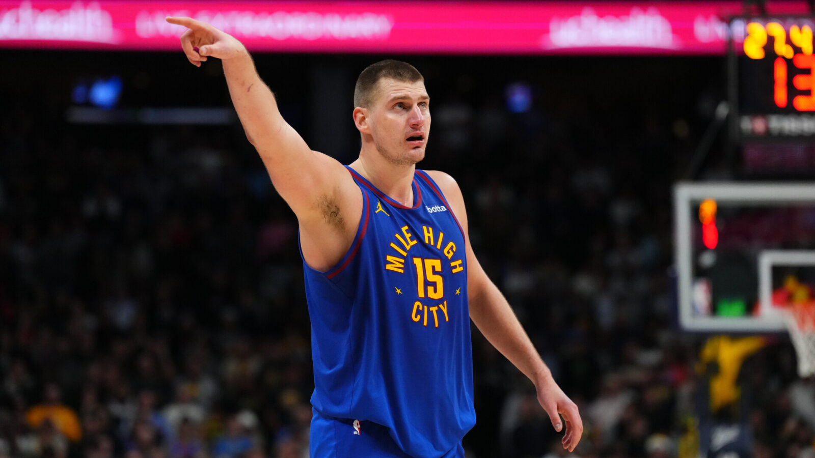 Dec 16, 2023; Denver, Colorado, USA; Denver Nuggets center Nikola Jokic (15) reacts in the second half against the Oklahoma City Thunder at Ball Arena.