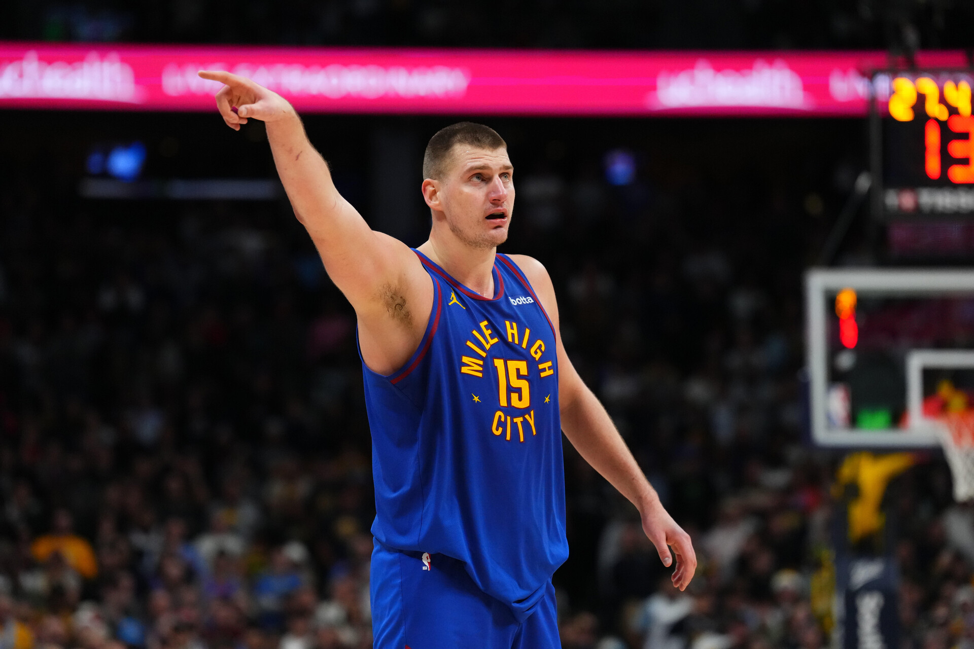 Dec 16, 2023; Denver, Colorado, USA; Denver Nuggets center Nikola Jokic (15) reacts in the second half against the Oklahoma City Thunder at Ball Arena.