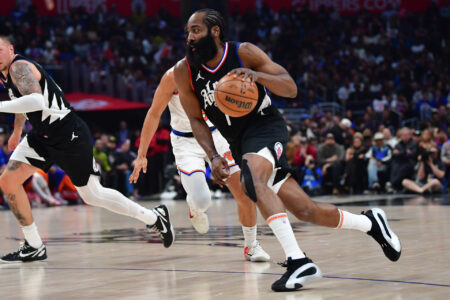 Dec 16, 2023; Los Angeles, California, USA; Los Angeles Clippers guard James Harden (1) moves to the basket against the New York Knicks during the first half at Crypto.com Aren