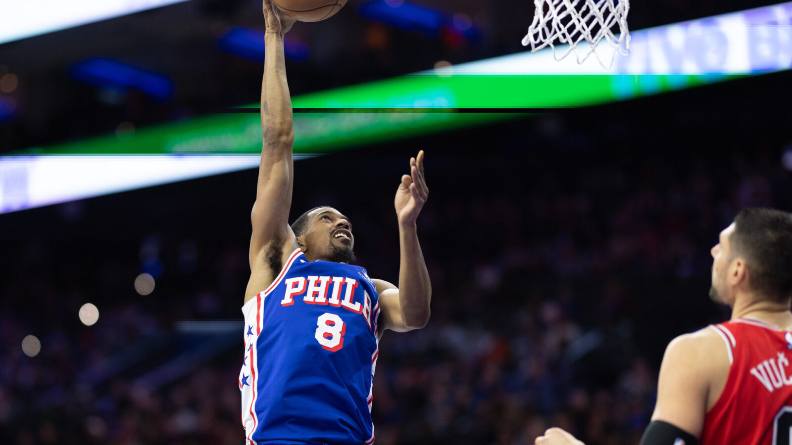 Dec 18, 2023; Philadelphia, Pennsylvania, USA; Philadelphia 76ers guard De'Anthony Melton (8) shoots the ball against the Chicago Bulls during the second quarter at Wells Fargo Center.