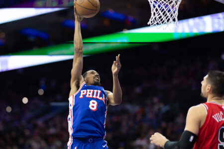 Dec 18, 2023; Philadelphia, Pennsylvania, USA; Philadelphia 76ers guard De'Anthony Melton (8) shoots the ball against the Chicago Bulls during the second quarter at Wells Fargo Center.