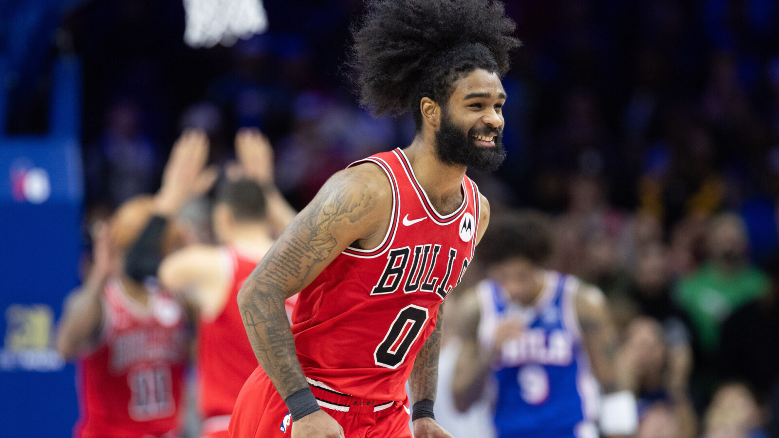 Dec 18, 2023; Philadelphia, Pennsylvania, USA; Chicago Bulls guard Coby White (0) reacts after a defensive stop against the Philadelphia 76ers during the fourth quarter at Wells Fargo Center.