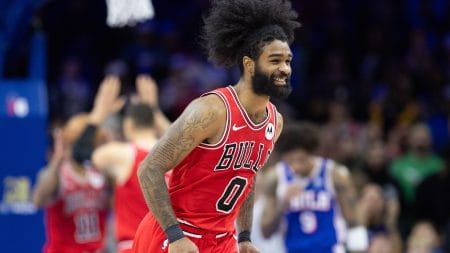 Dec 18, 2023; Philadelphia, Pennsylvania, USA; Chicago Bulls guard Coby White (0) reacts after a defensive stop against the Philadelphia 76ers during the fourth quarter at Wells Fargo Center.