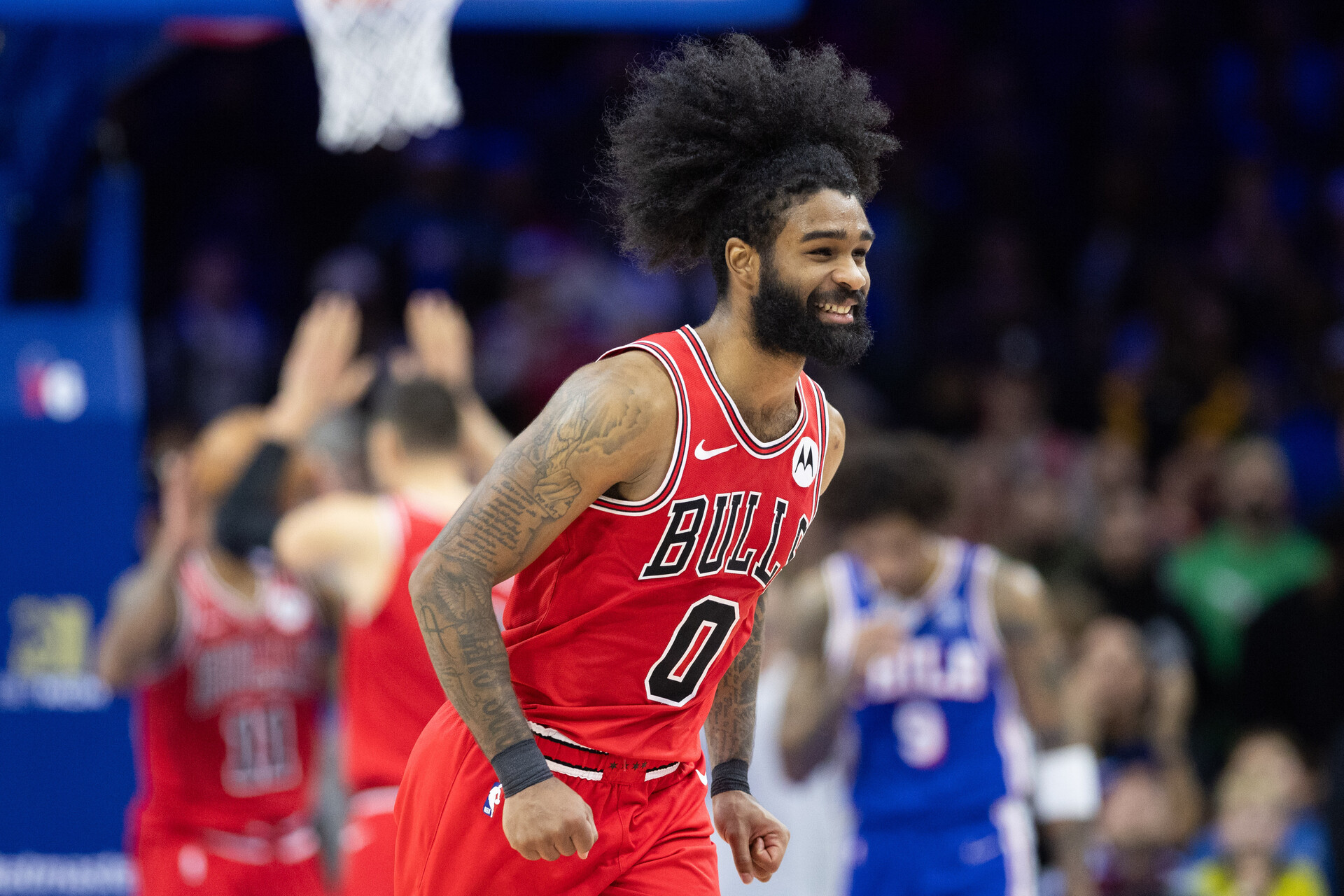 Dec 18, 2023; Philadelphia, Pennsylvania, USA; Chicago Bulls guard Coby White (0) reacts after a defensive stop against the Philadelphia 76ers during the fourth quarter at Wells Fargo Center.