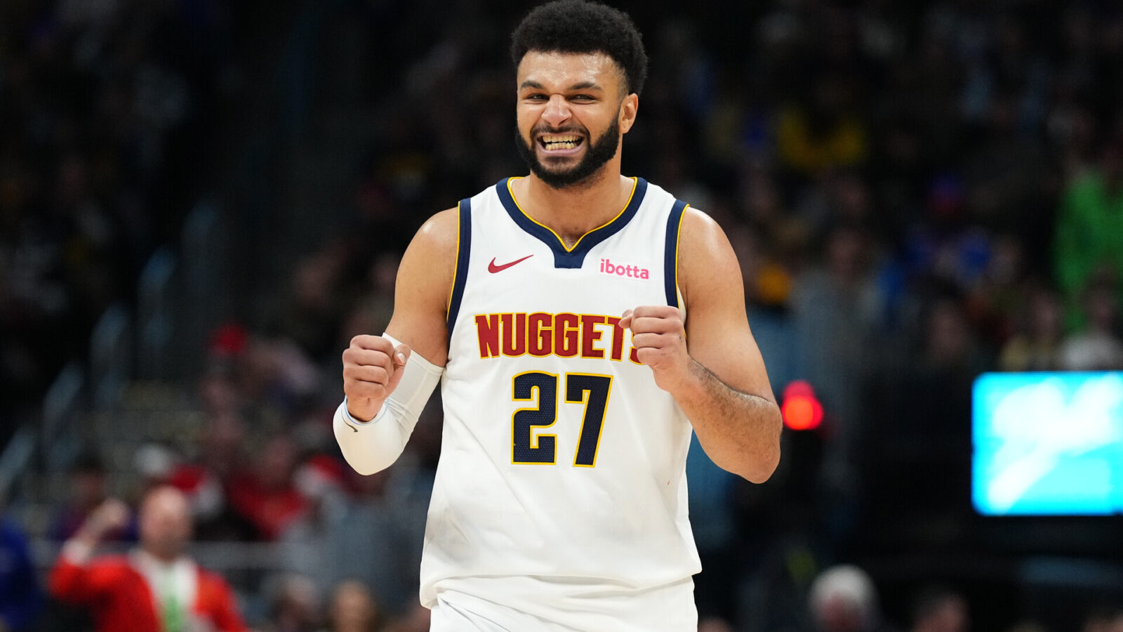 Dec 25, 2023; Denver, Colorado, USA; Denver Nuggets guard Jamal Murray (27) reacts in the fourth quarter against the Golden State Warriors at Ball Arena.