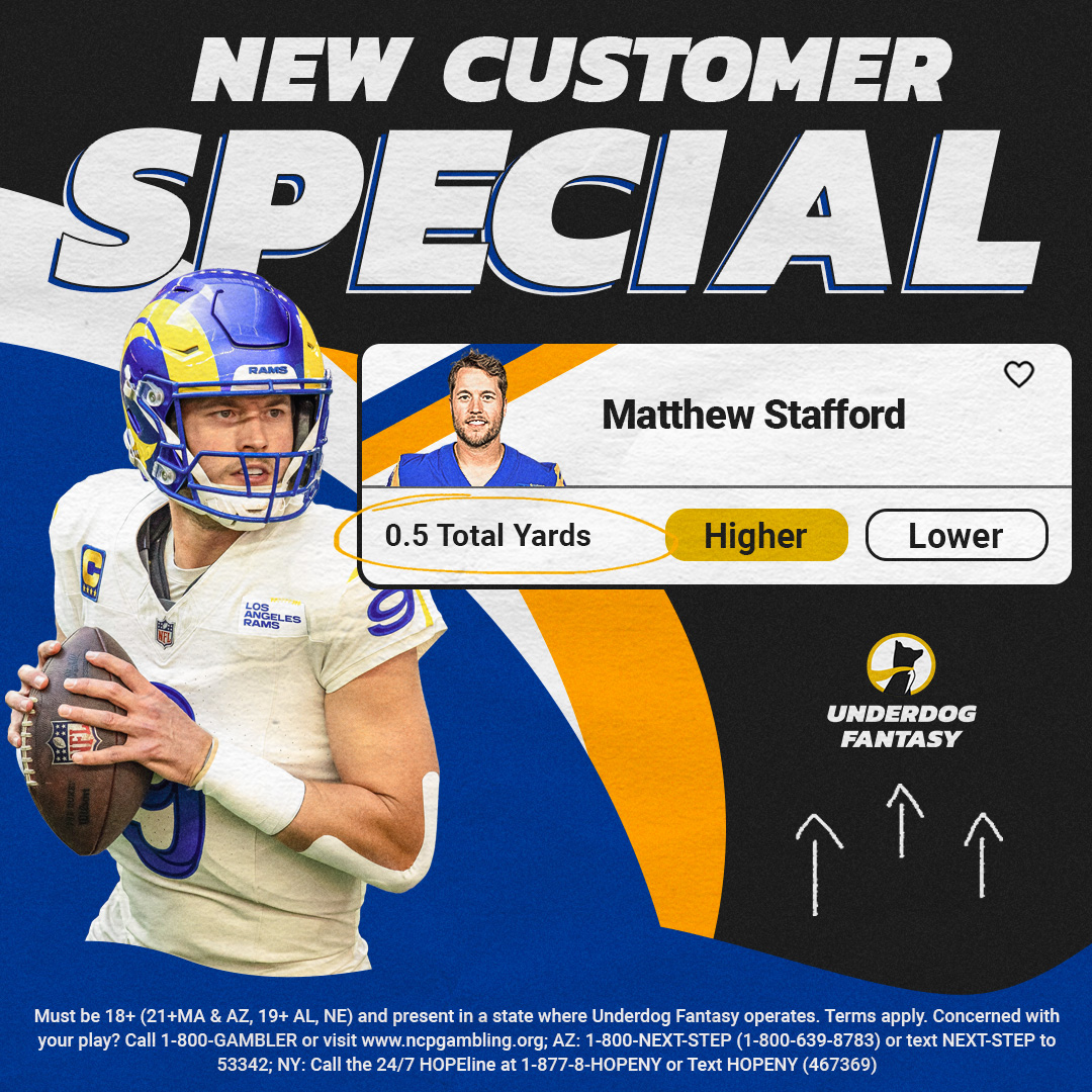 NFL player props special from Underdog Fantasy on Sunday, Jan. 14 is Matthew Stafford over 0.5 passing yards. 