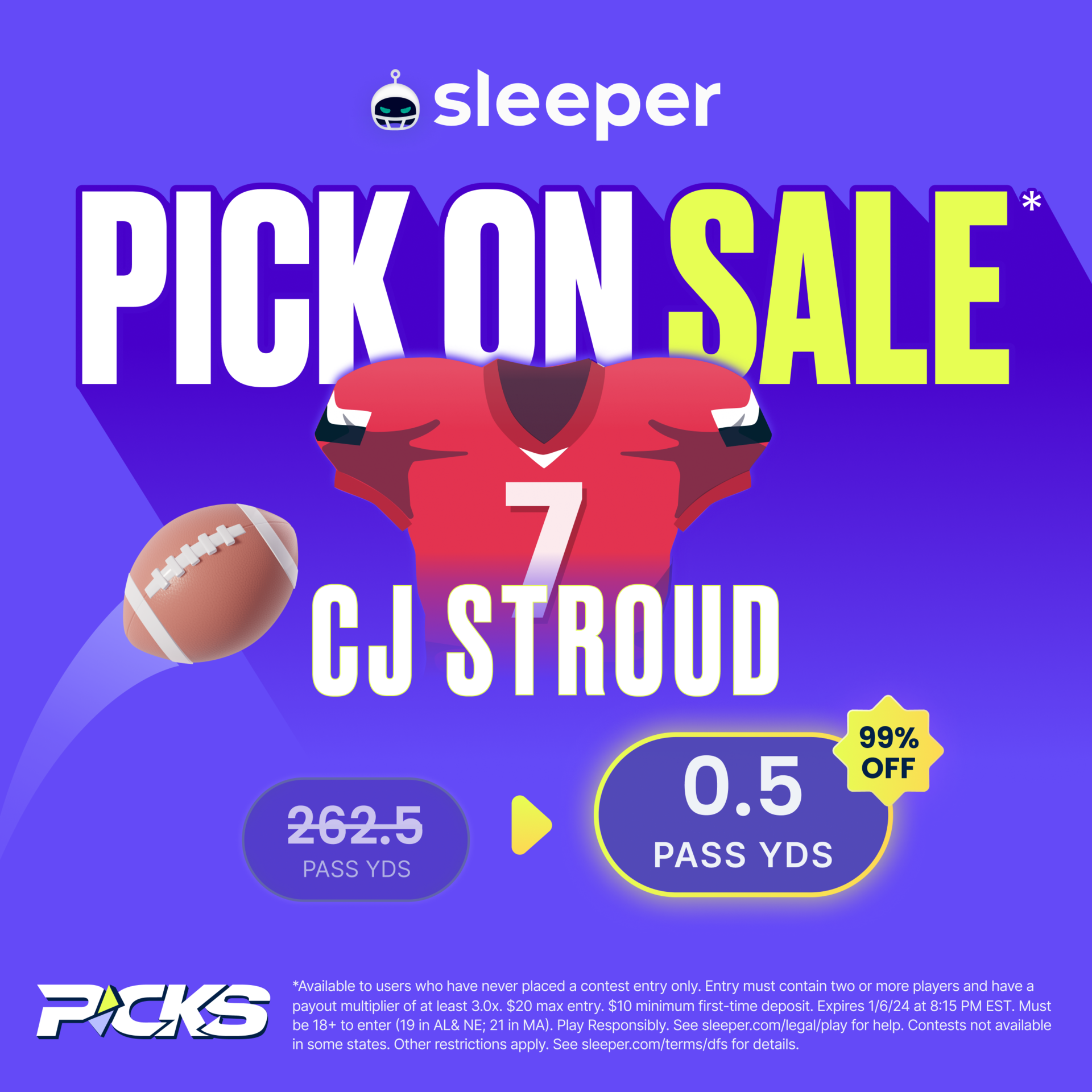 NFL player prop special Week 18 from Sleeper Fantasy is CJ Stroud over 0.5 passing yards. 