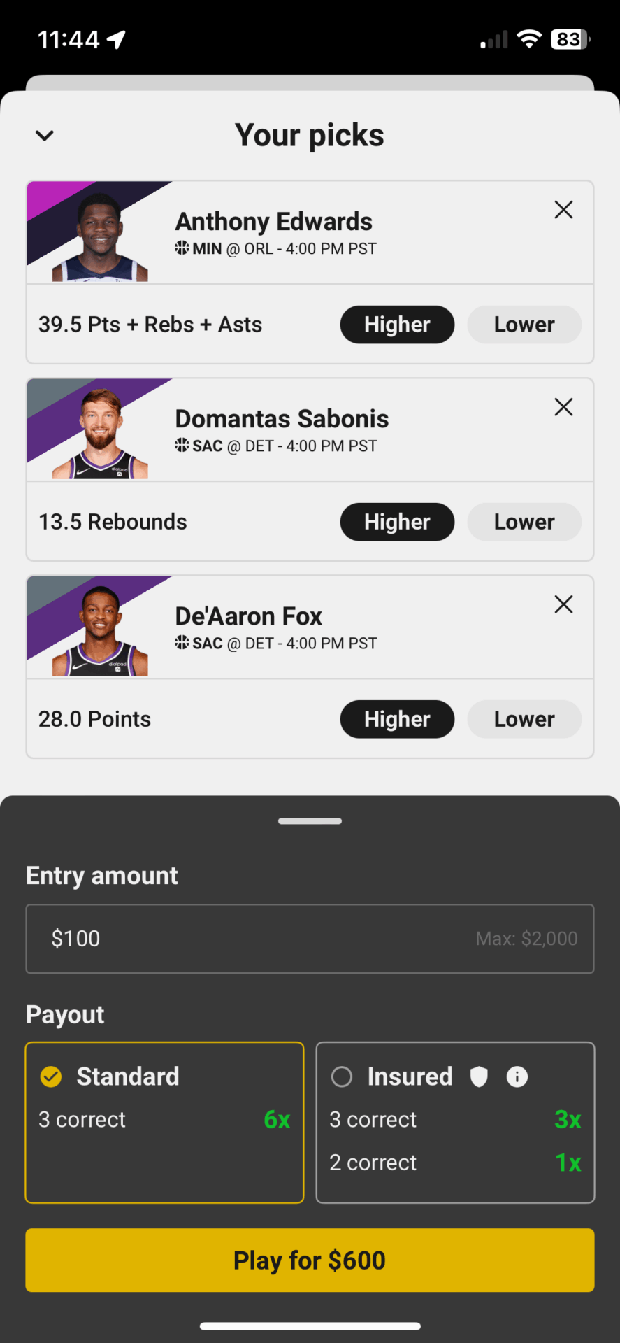 NBA DFS - Underdog Fantasy app screenshot
