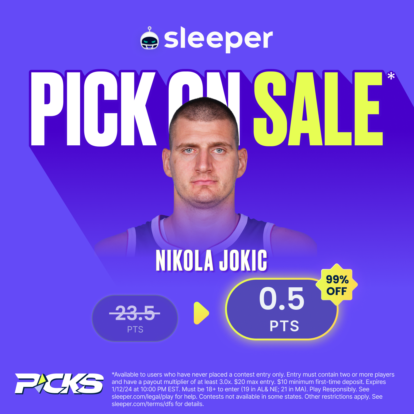 NBA player prop special on Sleeper Fantasy for Friday, Jan. 12 is Nikola Jokic over 0.5 points - available to new users only.