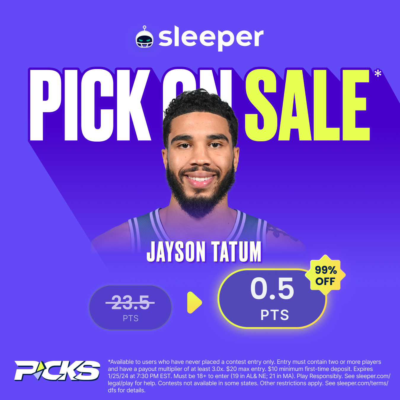 NBA player props special for Thursday, Jan. 25 is Jayson Tatum over 0.5 points on Sleeper Fantasy.