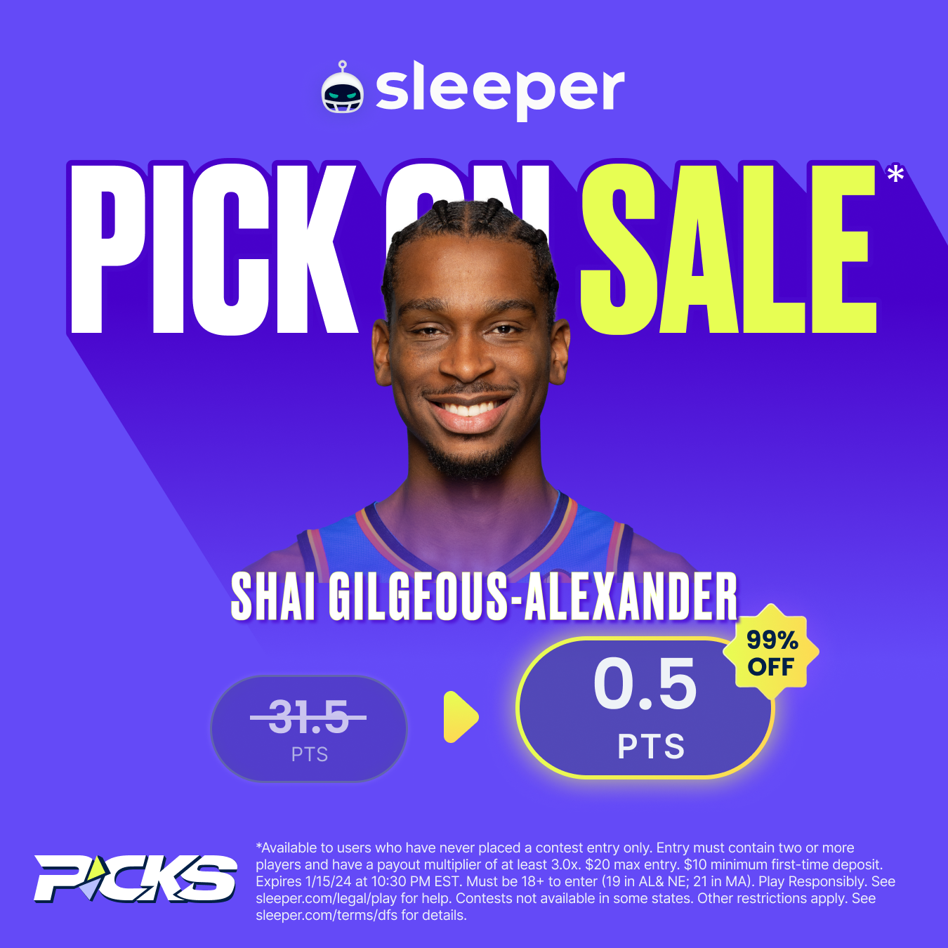 NBA player props special from Sleeper Fantasy on Monday, Jan. 15 is Shai Gilgeous-Alexander over 0.5 points. 