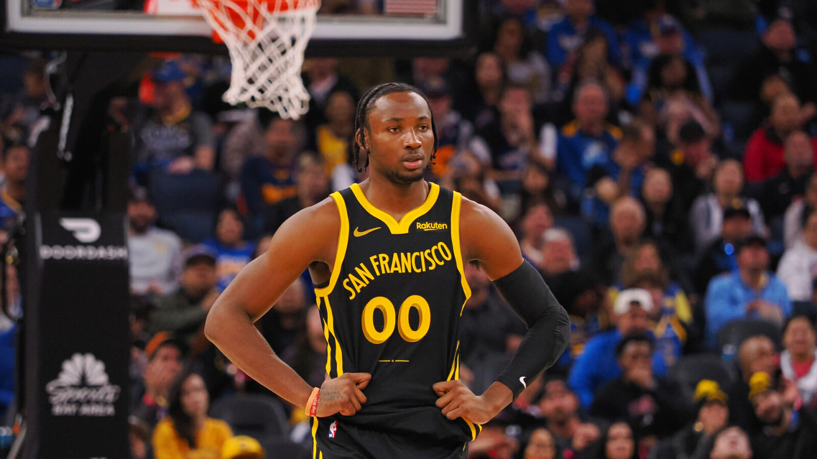 Golden State Warriors forward Jonathan Kuminga (00) between plays against the Minnesota Timberwolves during the third quarter at Chase Center.