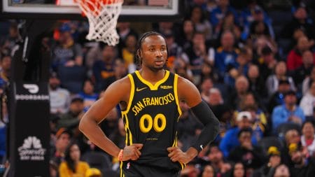 Golden State Warriors forward Jonathan Kuminga (00) between plays against the Minnesota Timberwolves during the third quarter at Chase Center.