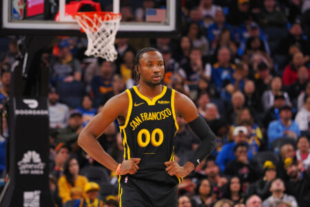 Golden State Warriors forward Jonathan Kuminga (00) between plays against the Minnesota Timberwolves during the third quarter at Chase Center.