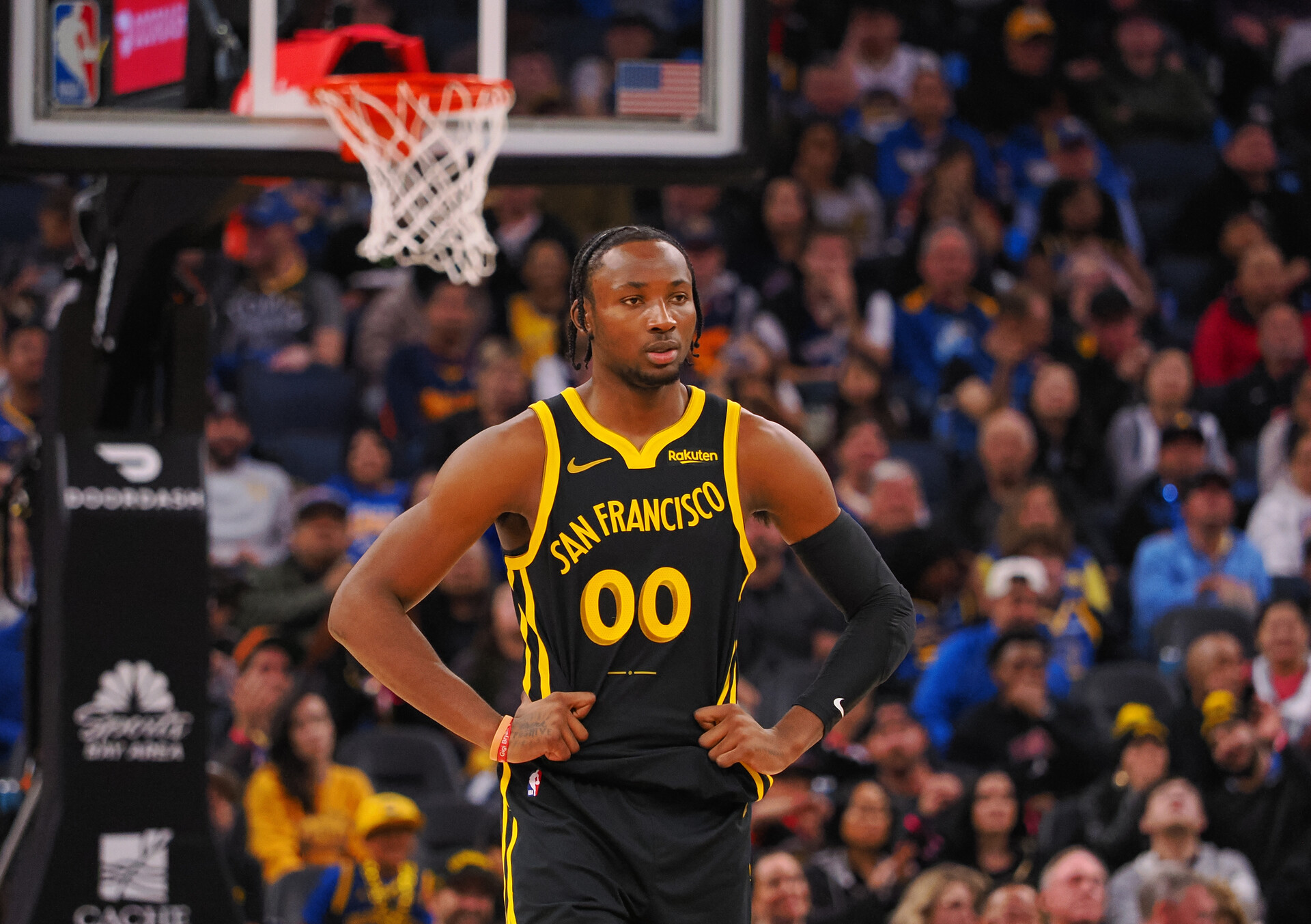Golden State Warriors forward Jonathan Kuminga (00) between plays against the Minnesota Timberwolves during the third quarter at Chase Center.