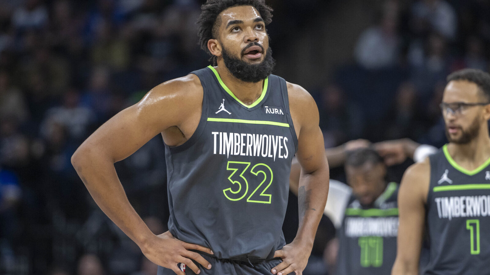 Minnesota Timberwolves center Karl-Anthony Towns (32) looks on against the New York Knicks in the first half at Target Center.