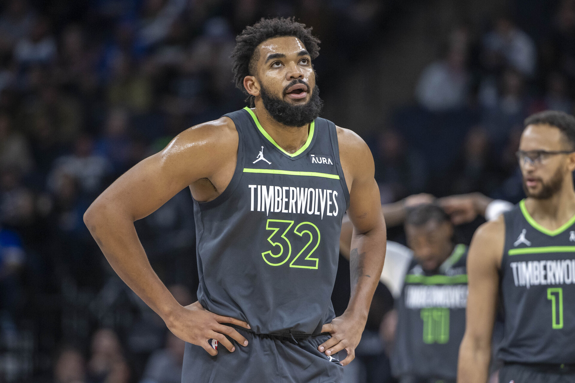 Minnesota Timberwolves center Karl-Anthony Towns (32) looks on against the New York Knicks in the first half at Target Center.