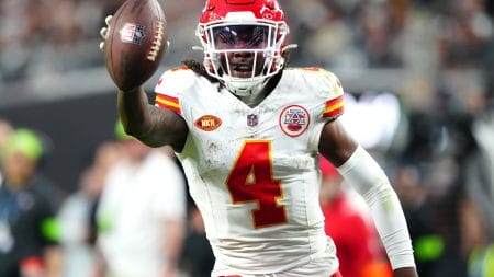 Monday Night Football Props Week 8 - Kansas City Chiefs wide receiver Rashee Rice (4) celebrates after scoring a touchdown against the Las Vegas Raiders during the fourth quarter at Allegiant Stadium.