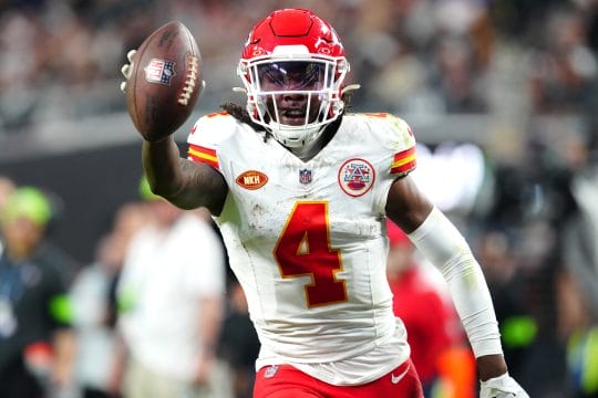 Thursday Night Football Props Week 13 - Kansas City Chiefs wide receiver Rashee Rice (4) celebrates after scoring a touchdown against the Las Vegas Raiders during the fourth quarter at Allegiant Stadium.