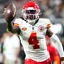 Monday Night Football Props Week 8 - Kansas City Chiefs wide receiver Rashee Rice (4) celebrates after scoring a touchdown against the Las Vegas Raiders during the fourth quarter at Allegiant Stadium.