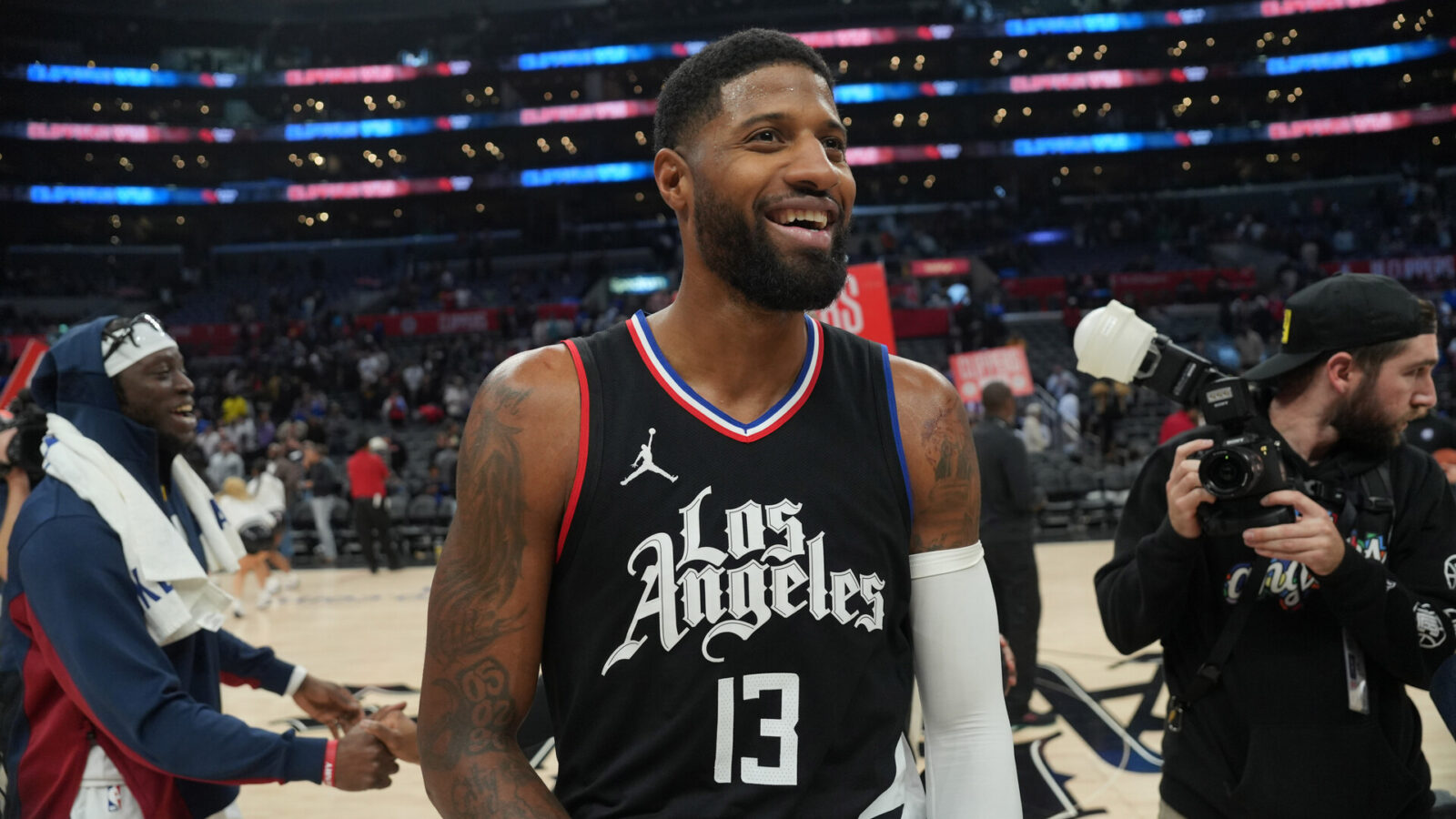 LA Clippers forward Paul George (13) reacts after the game against the Denver Nuggets at Crypto.com Arena.