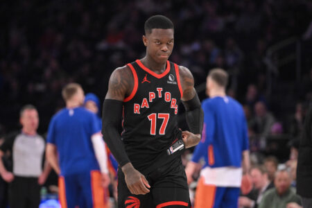 Toronto Raptors guard Dennis Schroder (17) during the first quarter against the New York Knicks at Madison Square Garden.