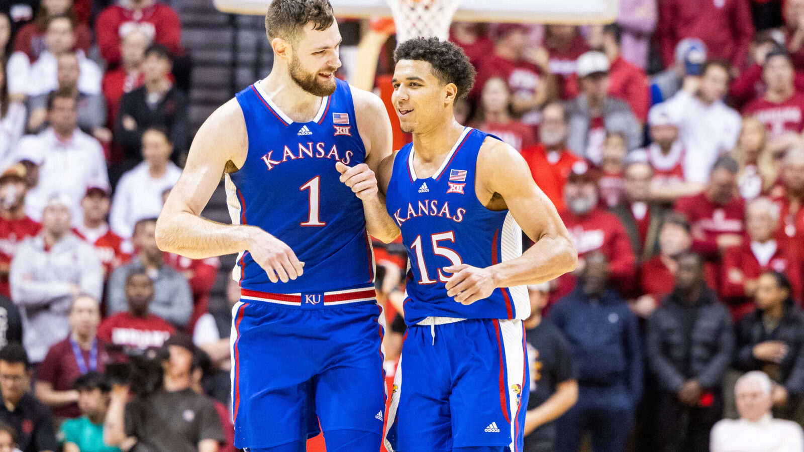 Kansas Jayhawks center Hunter Dickinson (1) and guard Kevin McCullar Jr. (15) celebrate in the second half against the Indiana Hoosiers at Simon Skjodt Assembly Hall.