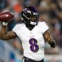 Baltimore Ravens quarterback Lamar Jackson (8) drops back to pass against the Jacksonville Jaguars in the first quarter at EverBank Stadium.