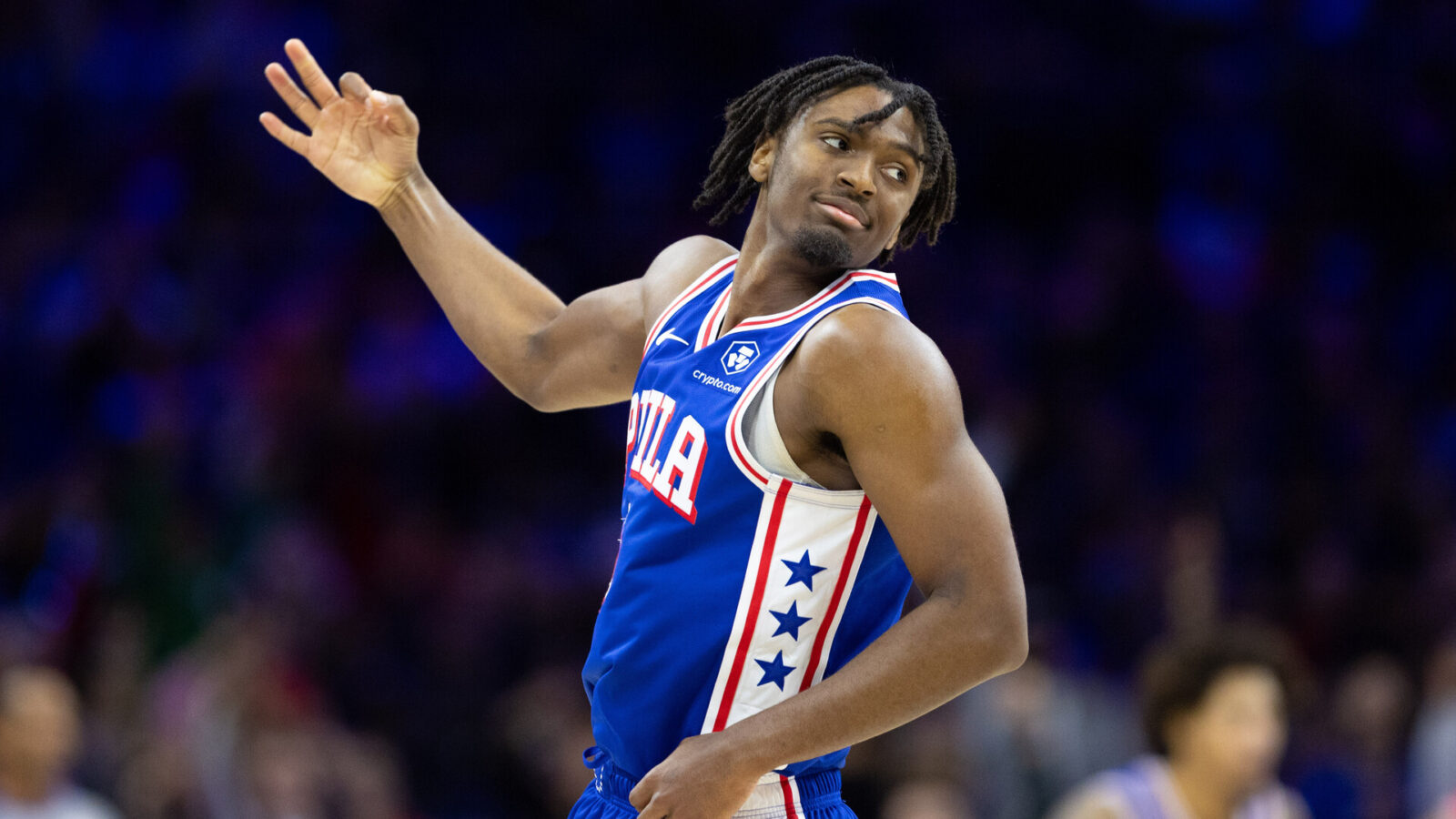 Philadelphia 76ers guard Tyrese Maxey (0) reacts to his three pointer against the Chicago Bulls during the fourth quarter at Wells Fargo Center.