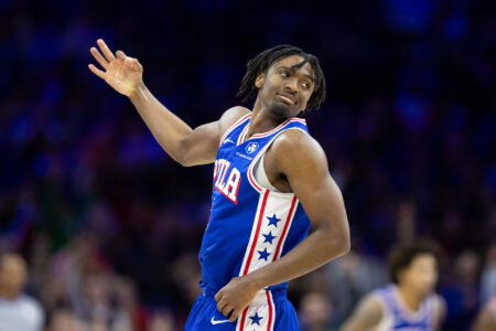 Philadelphia 76ers guard Tyrese Maxey (0) reacts to his three pointer against the Chicago Bulls during the fourth quarter at Wells Fargo Center.